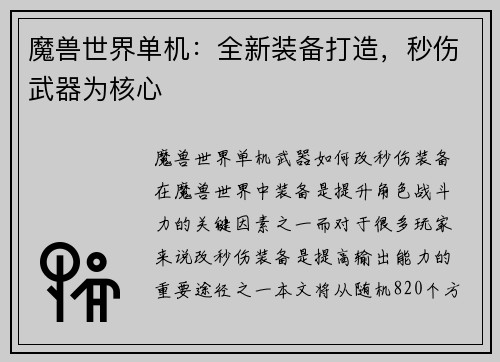 魔兽世界单机：全新装备打造，秒伤武器为核心