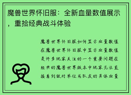 魔兽世界怀旧服：全新血量数值展示，重拾经典战斗体验